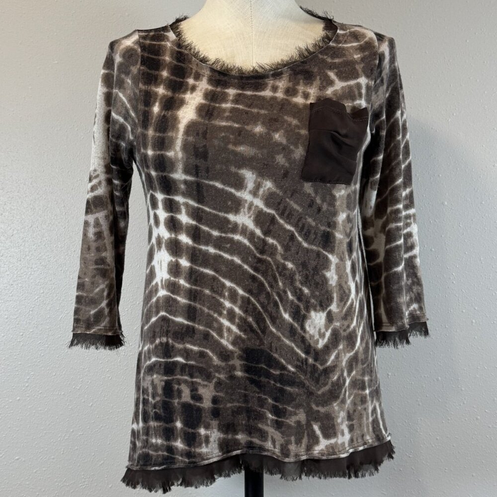 Coin 1804 Womens Brown Tie Dye 3/4 Sleeve Blouse Fringe Trim Sheer Panel Size S